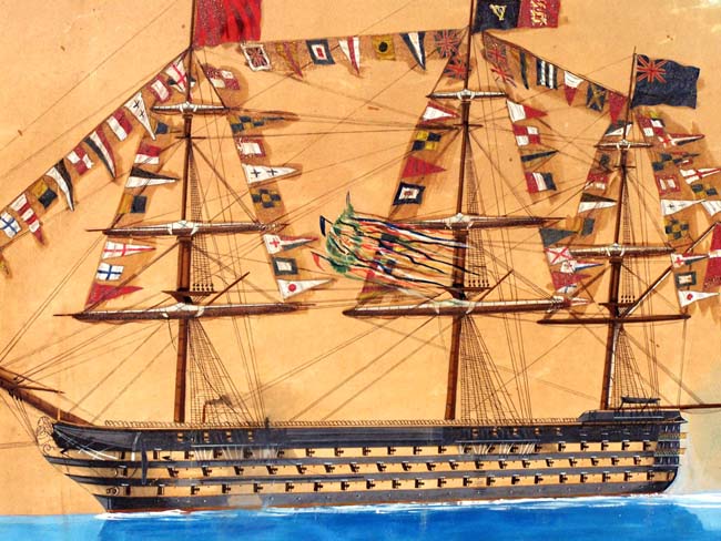 A 19th century watercolor and ink painting of a fully rigged English Man-of-War flying the Royal Sovereign indicating that Queen Victoria was onboard the ship.